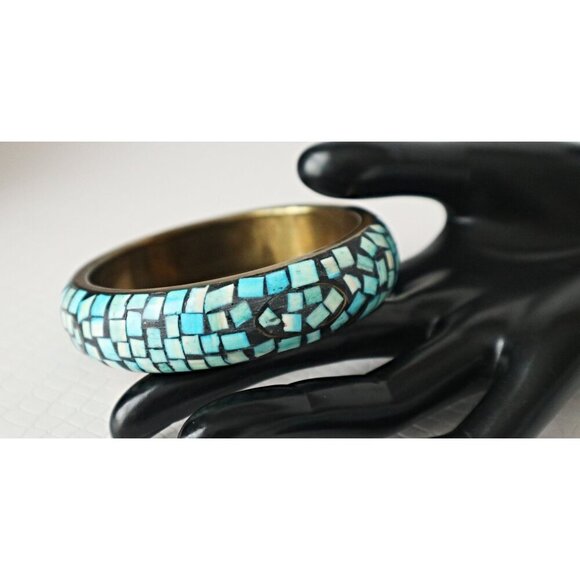Vintage Chunky Bracelet Mosaic Bangle Shell Inlay Bracelet - Picture 4 of 4